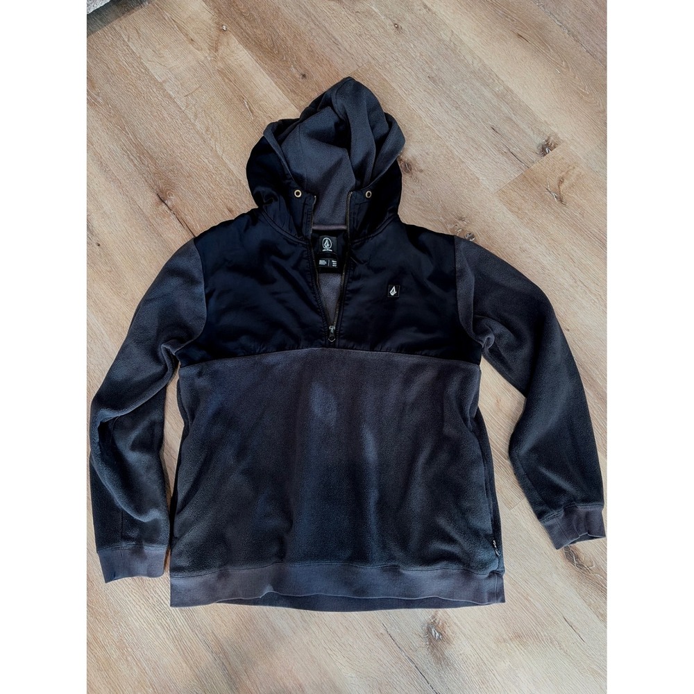 Volcom Mens Quarter Zip Fleece Hoodie Black Grey Mixed Media Pullover Size M